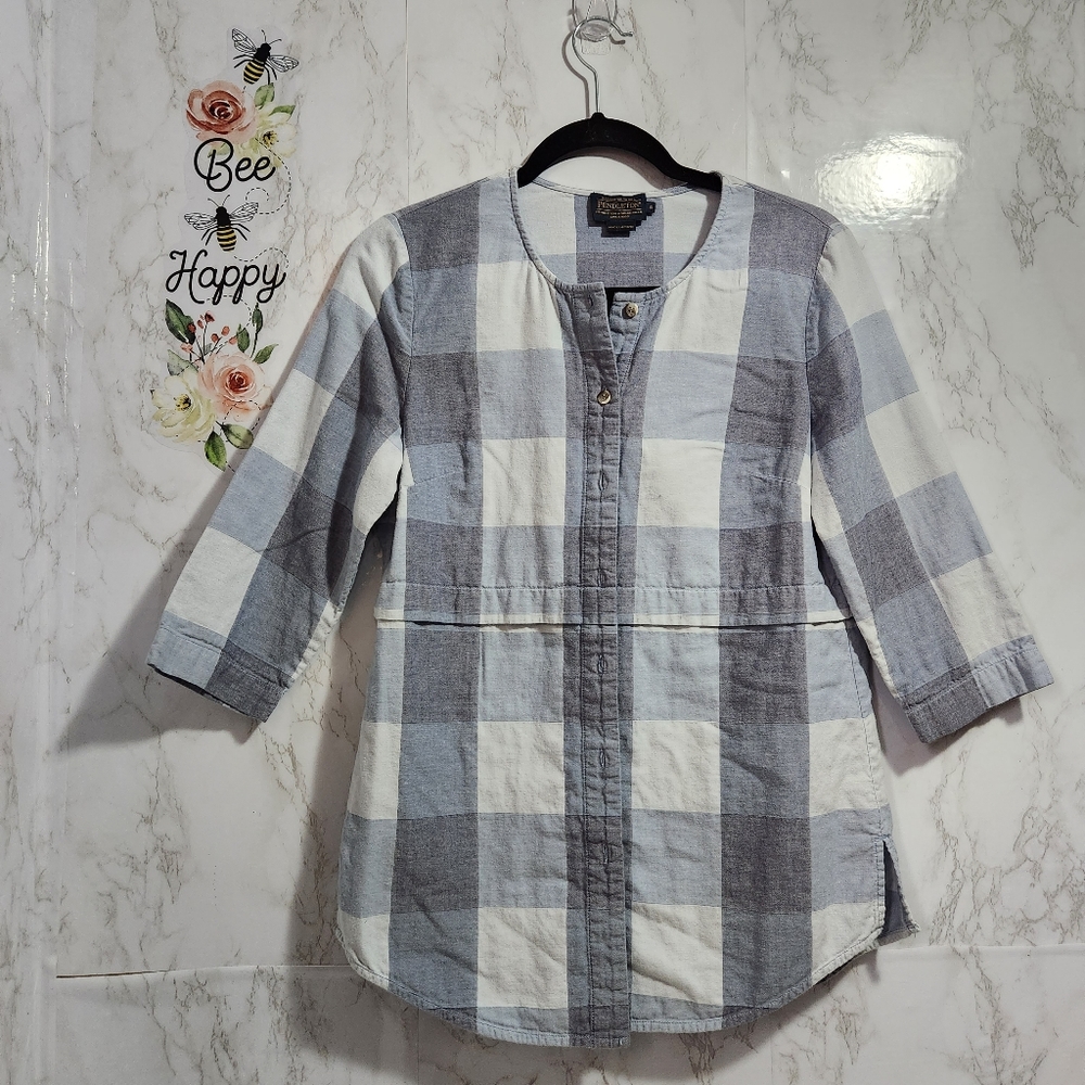 Pendleton Blue Gingham Plaid 3/4 Sleeve Tunic Top Size Small